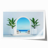 Rolled print of a Greek landscape with vibrant blue and white tones, ideal for art wall dining room.