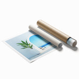 Extra large rolled print of a Greek coastal scene in muted blues and whites, ideal for classy bathroom wall art.