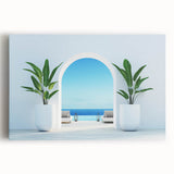 Black and white photograph of a scenic Greek village on stretched canvas, ideal for kitchen wall art.