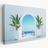 Large art of a Greek landscape on stretched canvas, featuring vivid blue and white tones, ideal for kitchen wall art.