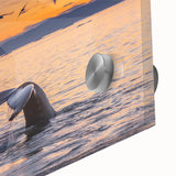 Large abstract wall art on acrylic glass featuring a Greenland scenery in muted green and blue tones.