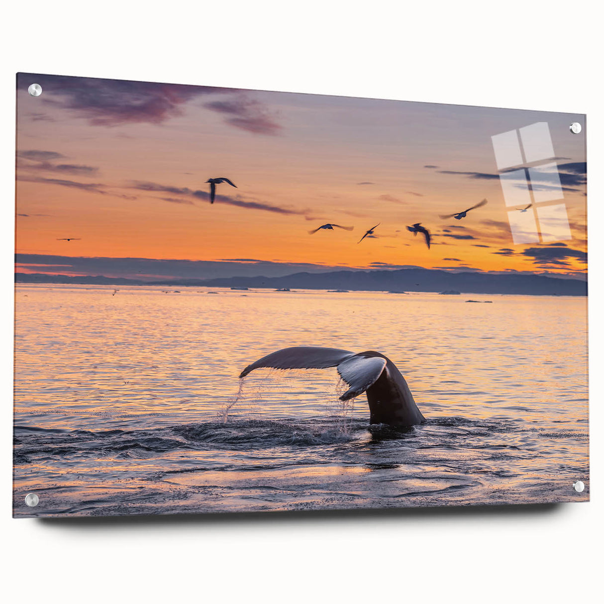 Acrylic print of a Greenland landscape featuring muted green and blue tones, ideal for dining room art.
