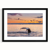 Extra large abstract art print of a colorful Greenland scenery on textured canvas, framed in black.