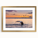 Abstract art print of a Greenlandic landscape in muted green and blue tones, framed in gold, ideal for dining room decor.