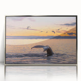 Large art print of a Greenland landscape in muted green and blue tones, framed in silver acrylic.