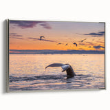 Framed canvas landscape art painting depicting a serene Greenland scenery in muted green and blue tones.