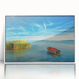 Mid-century modernist art depicting a European scenery in Hungary, rendered in muted colors on a white-framed acrylic print.