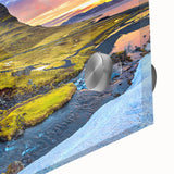 Large abstract wall art depicting a scenic European landscape in muted earth tones on acrylic glass.