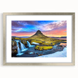Extra large abstract art print of Icelandic scenery in muted blues and grays, framed in silver, ideal for living room decor.