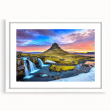 Textured abstract art print of a serene Icelandic landscape in muted blue and gray tones, framed with a white mat.