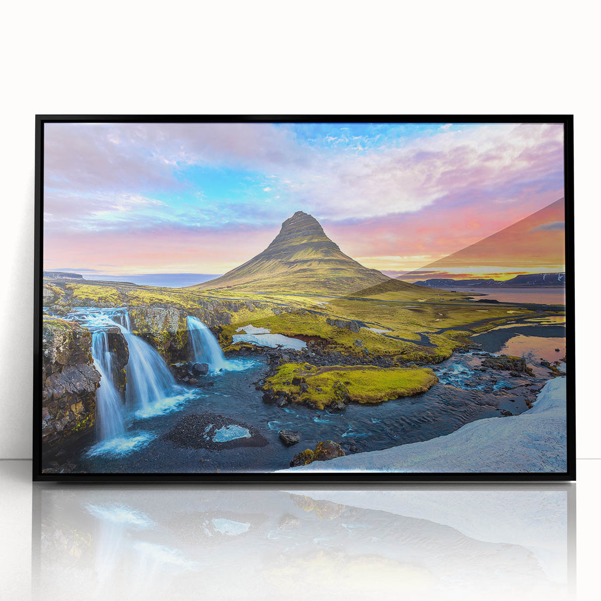 Large abstract wall art depicting a serene Icelandic landscape in muted blue and gray tones, framed in black acrylic.
