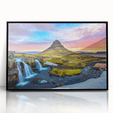 Large abstract wall art depicting a serene Icelandic landscape in muted blue and gray tones, framed in black acrylic.