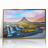 Acrylic print of a serene Icelandic landscape in muted earth tones, framed in gold, suitable for modern art wall decor.