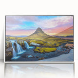 Mid-century modernist art of European Iceland scenery in muted blue and white tones on acrylic framed print.