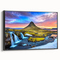 Black and white landscape art painting of Icelandic scenery on framed canvas, suited for bedroom wall art.