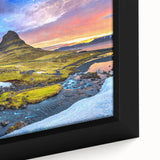 Textured black wall art depicting a vibrant Icelandic scenery on a framed canvas, ideal for living room decor.