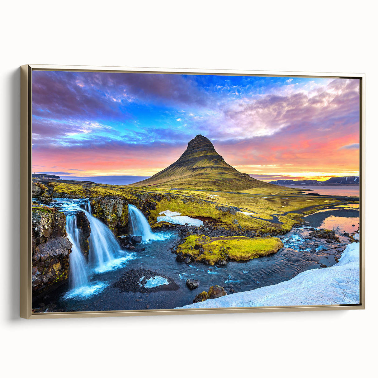 Vintage poster art of an Icelandic landscape on a framed canvas with gold trim, featuring muted earth tones.