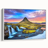 Framed canvas featuring a vintage-style landscape painting of Iceland with colorful and black elements.