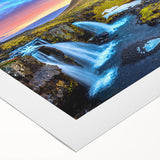 Art deco poster featuring an Icelandic landscape in muted greens and blues on rolled canvas.