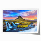 Extra large rolled print of a serene Icelandic landscape with muted green and blue tones, ideal for dining room wall art.