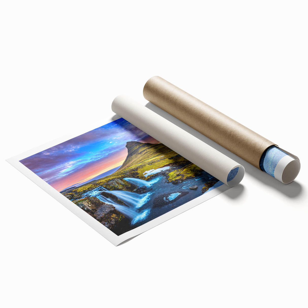 Extra large rolled print of a serene Icelandic landscape with muted greens and blues.