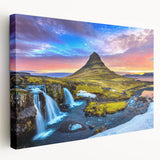 Large canvas print featuring a serene Icelandic landscape in muted blue and green tones, suitable for kitchen wall art.