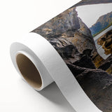 Art deco poster of a serene Irish landscape on rolled canvas, featuring soft green and blue tones.