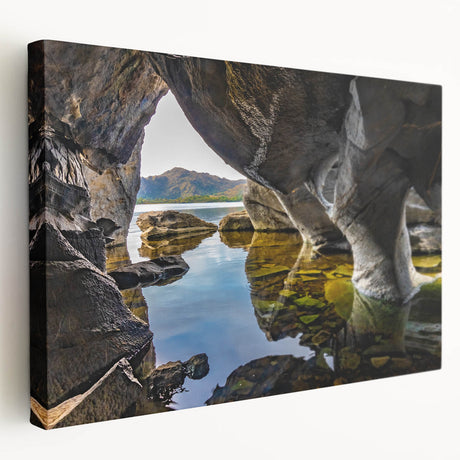 Large art print of a scenic Ireland landscape on stretched canvas, featuring lush green fields under a cloudy sky.