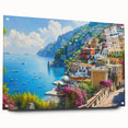 Acrylic print of the Amalfi Coast in vibrant blue and white tones, suitable for bedroom or dining room decor.
