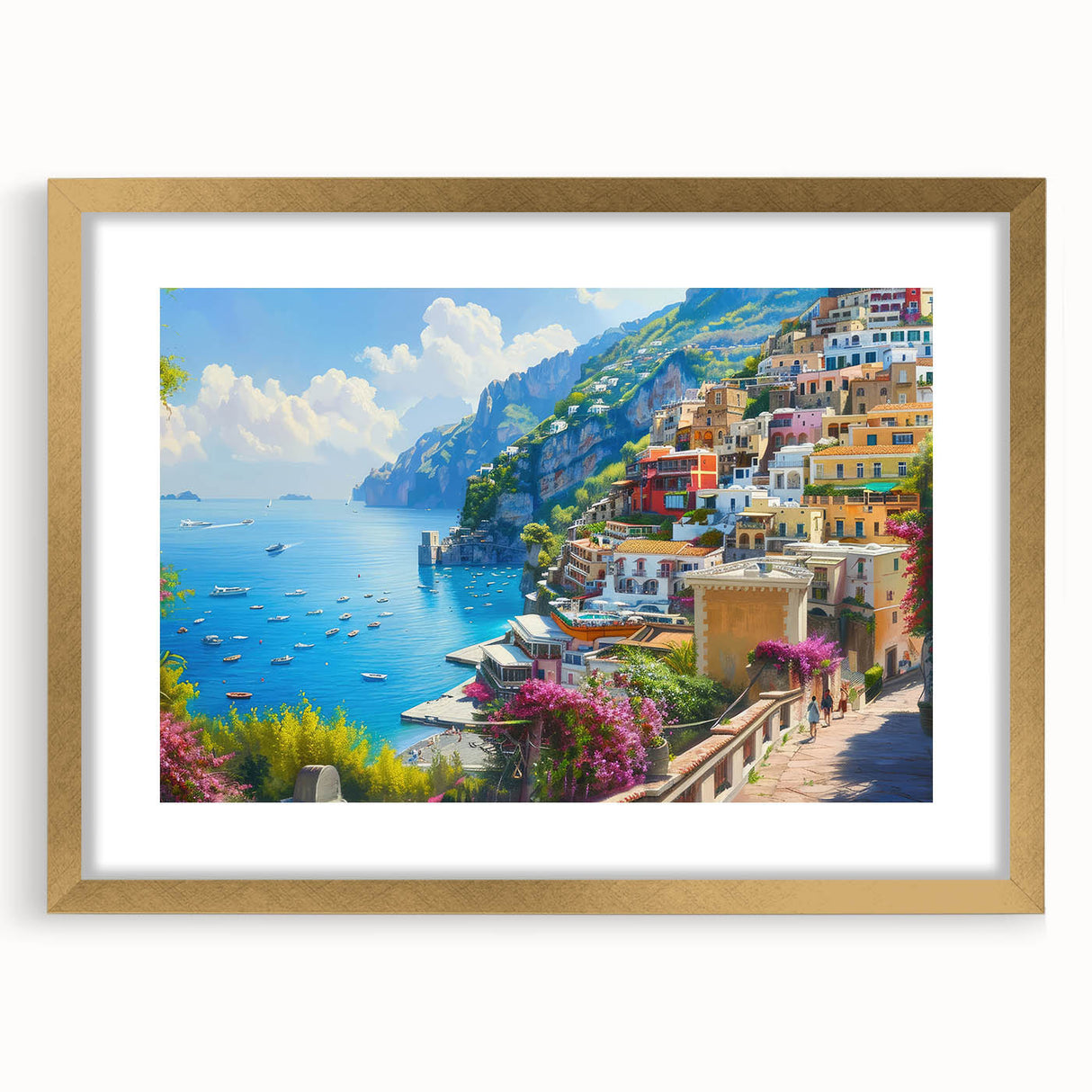 Abstract art print of Amalfi Coast with vibrant blue and white tones on a gold-framed mat, suitable for dining room decor.