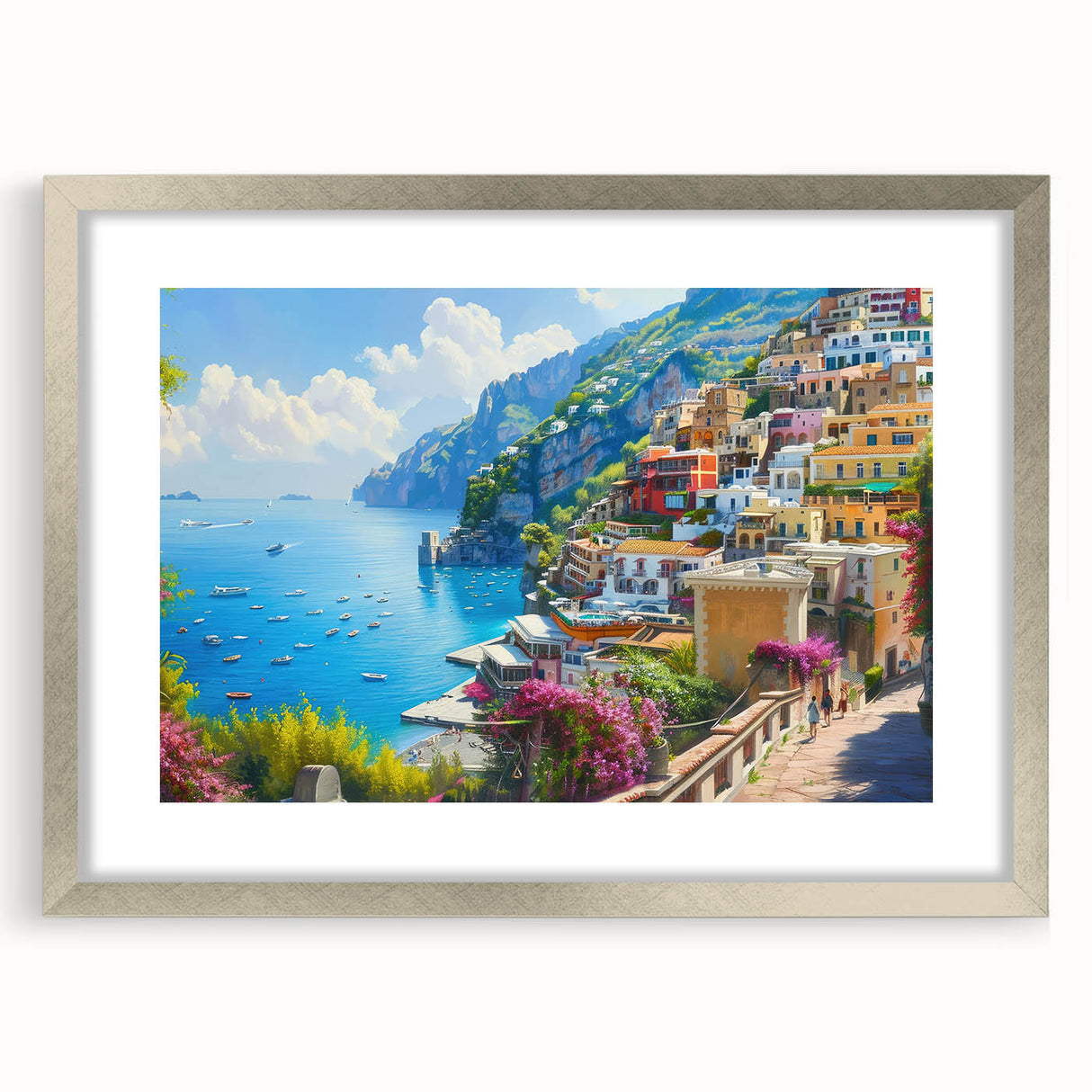 Extra large textured abstract art print of Amalfi Coast in silver frame, ideal for living room decor.