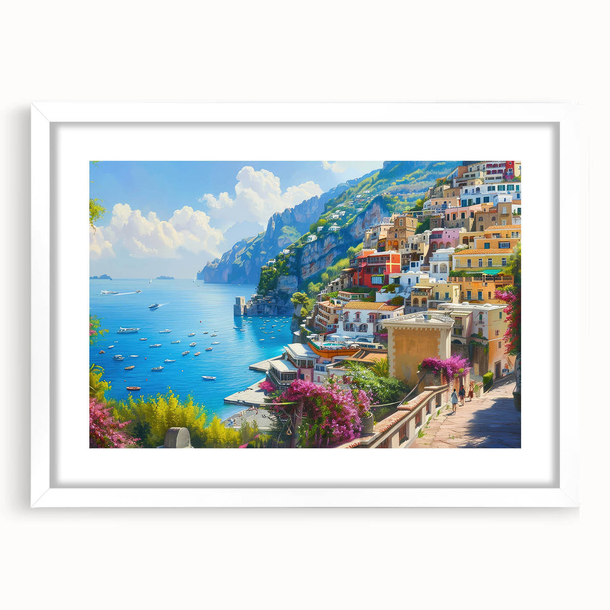Textured art print of the Amalfi Coast in muted earth tones on a framed white mat, ideal for bedroom decor.