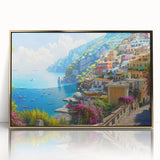Acrylic print of Amalfi Coast with bright blue and white tones, framed in gold, suitable for modern art wall decor.