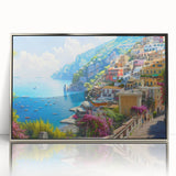 Framed acrylic print of Amalfi Coast with vivid blue and white tones, ideal for modern art wall decor.