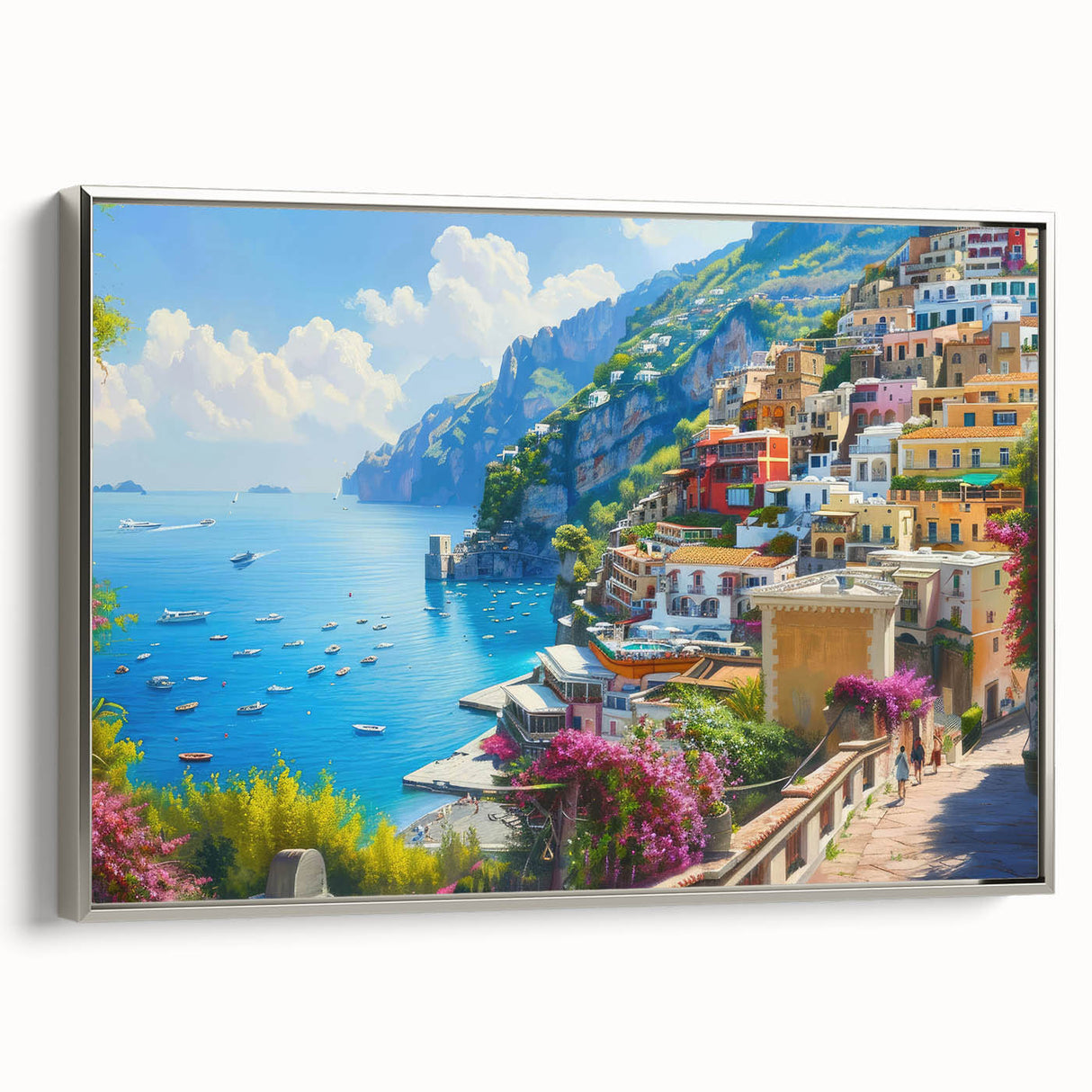 Framed canvas of the Amalfi Coast with vibrant colors and vintage poster style, ideal for living room decor.