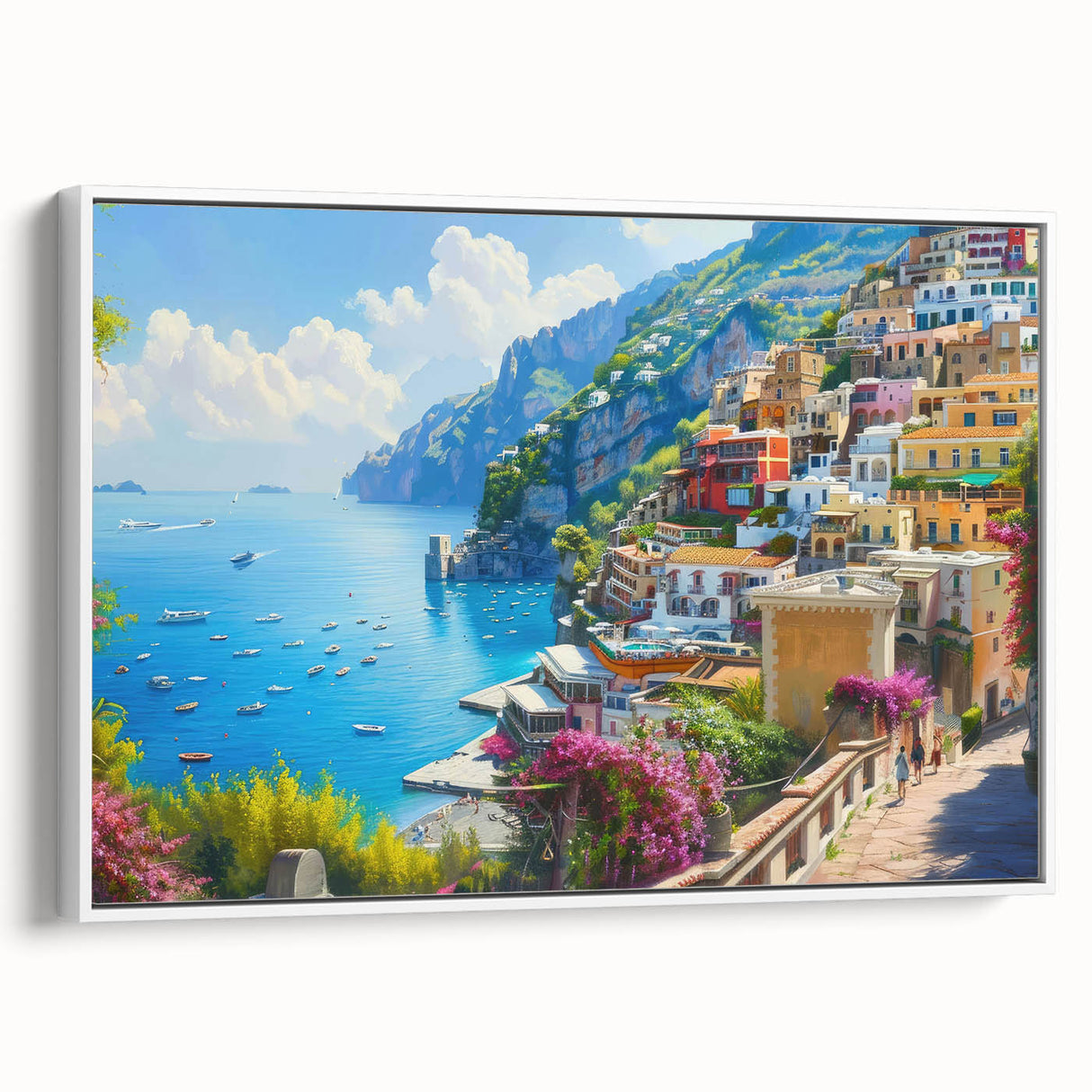 Vintage poster art of Amalfi Coast in vibrant colors on a white-framed canvas, ideal for living room decor.