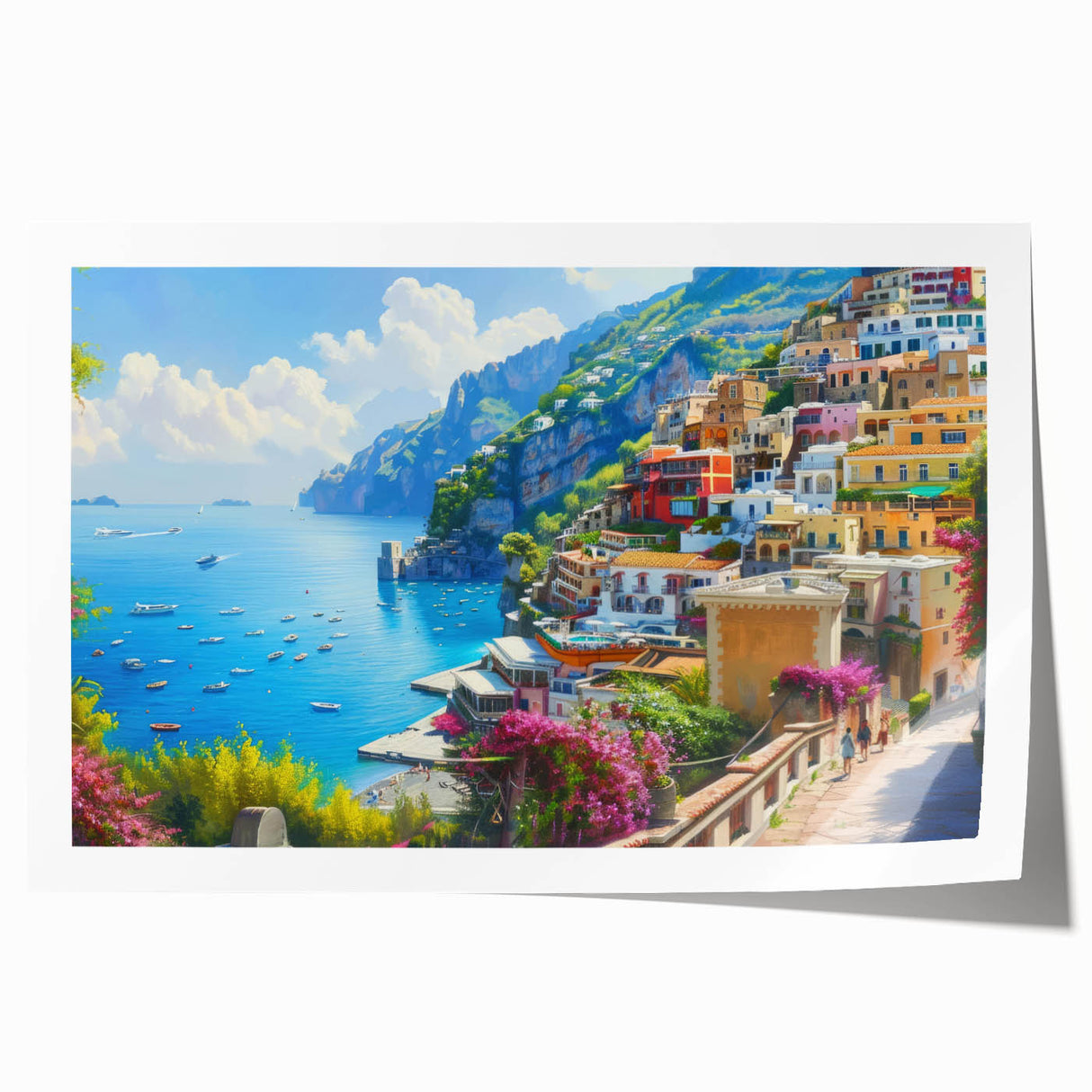 Rolled print of Amalfi Coast with vibrant blue and pastel-colored buildings, ideal for art wall dining room.