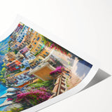 Extra large wall art of the Amalfi Coast in vibrant colors on a rolled canvas, ideal for large living room decor.