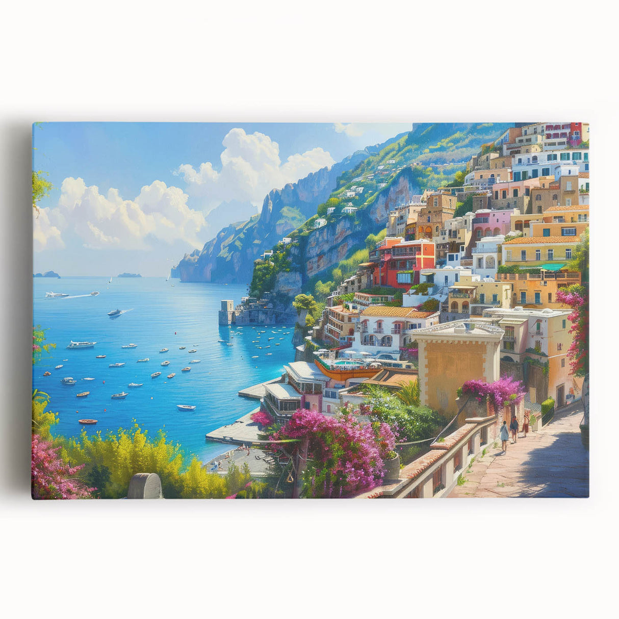 Black and white photograph of Amalfi Coast on stretched canvas, ideal for kitchen wall art.