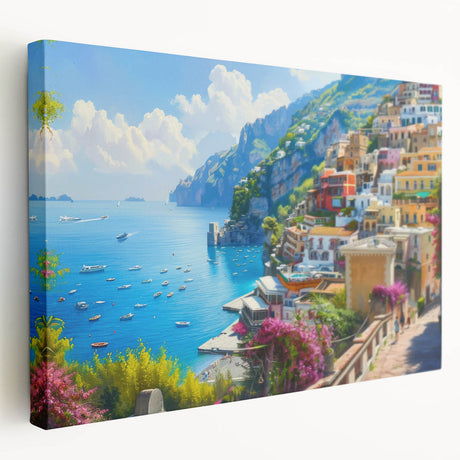 Amalfi Coast landscape on large stretched canvas, featuring vivid sea blues and cliffside village hues.