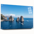 Acrylic print of a European scenery in Capri with vivid blue ocean and cliffside views, ideal for dining room art.