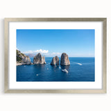 Extra large abstract art print of Capri, Italy, in silver frame with textured details, suited for living room decor.