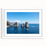 Textured abstract art print of Capri, Italy in muted blue and green shades on a white framed mat, ideal for bedroom art.