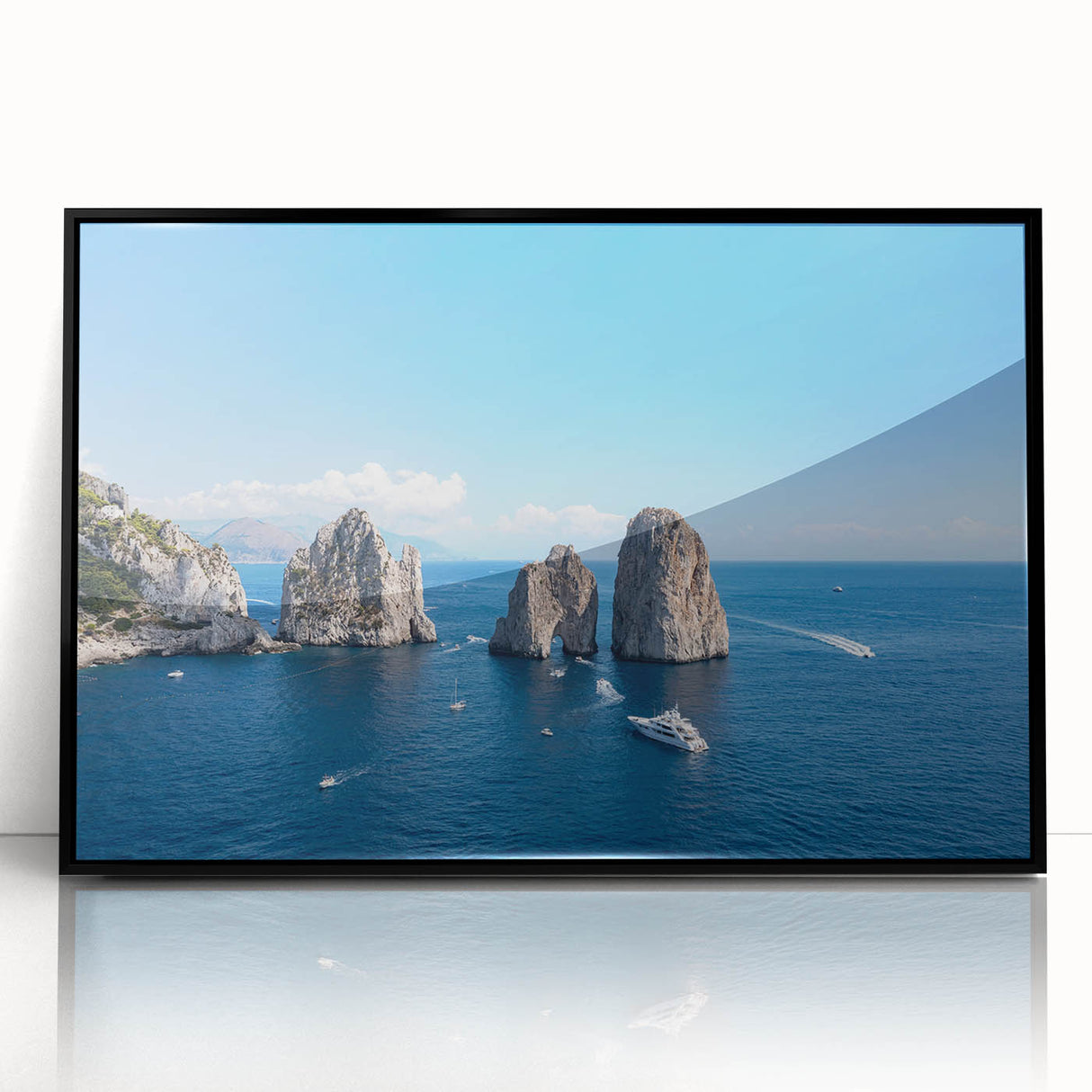 Large abstract wall art of Capri, Italy in muted blue and green tones on framed acrylic, suitable for modern art wall decor.