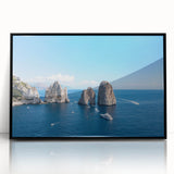 Large abstract wall art of Capri, Italy in muted blue and green tones on framed acrylic, suitable for modern art wall decor.