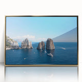 Acrylic print of Capri scenery in art deco style with gold frame, suitable for modern art wall decor.