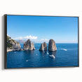 Black and white vintage poster art of Capri landscape on framed canvas, suitable for bedroom wall decor.