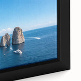 Extra large framed canvas featuring a textured depiction of Capri, Italy, with colorful art on a black background.