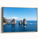 Framed canvas depicting a vintage-style landscape of Capri, Italy in muted gold and black tones, ideal for bedroom decor.