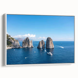 Vintage poster art of Capri, Italy with colorful imagery on extra large white framed canvas, ideal for living room decor.